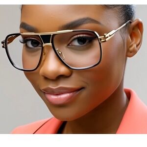 Aviator Glasses Gold Black Frame Fashion Hip Hop Style Clear Lens Women Bold New